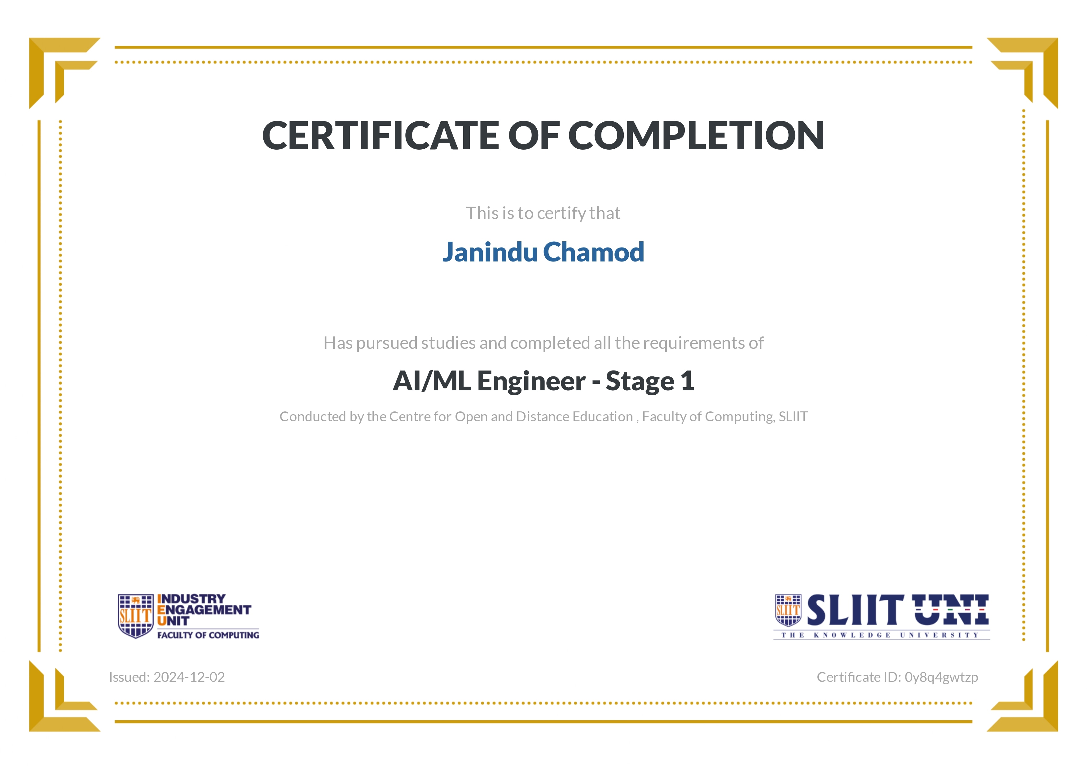 Certificate for AI/ML Engineer - Stage 1